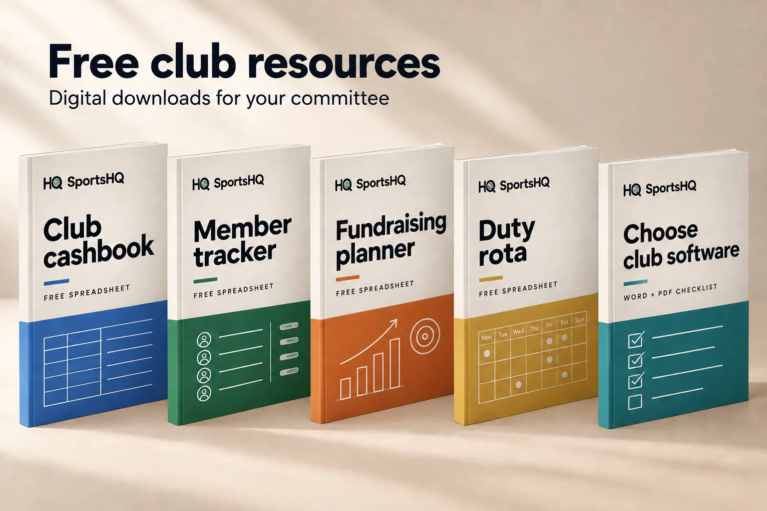 SportsHQ digital resources: club cashbook, member tracker, fundraising planner, duty rota and software checklist