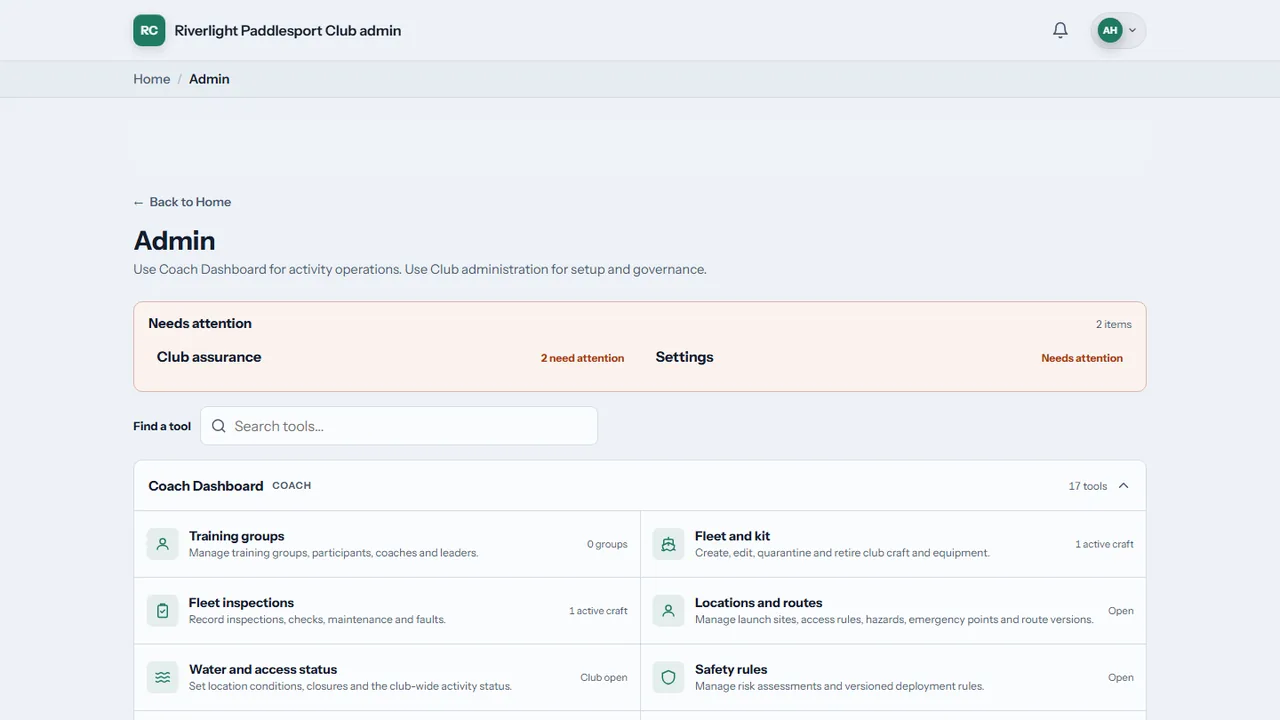 The KanuHQ admin hub listing club tools for training groups, fleet and kit, water status, trips and competitions
