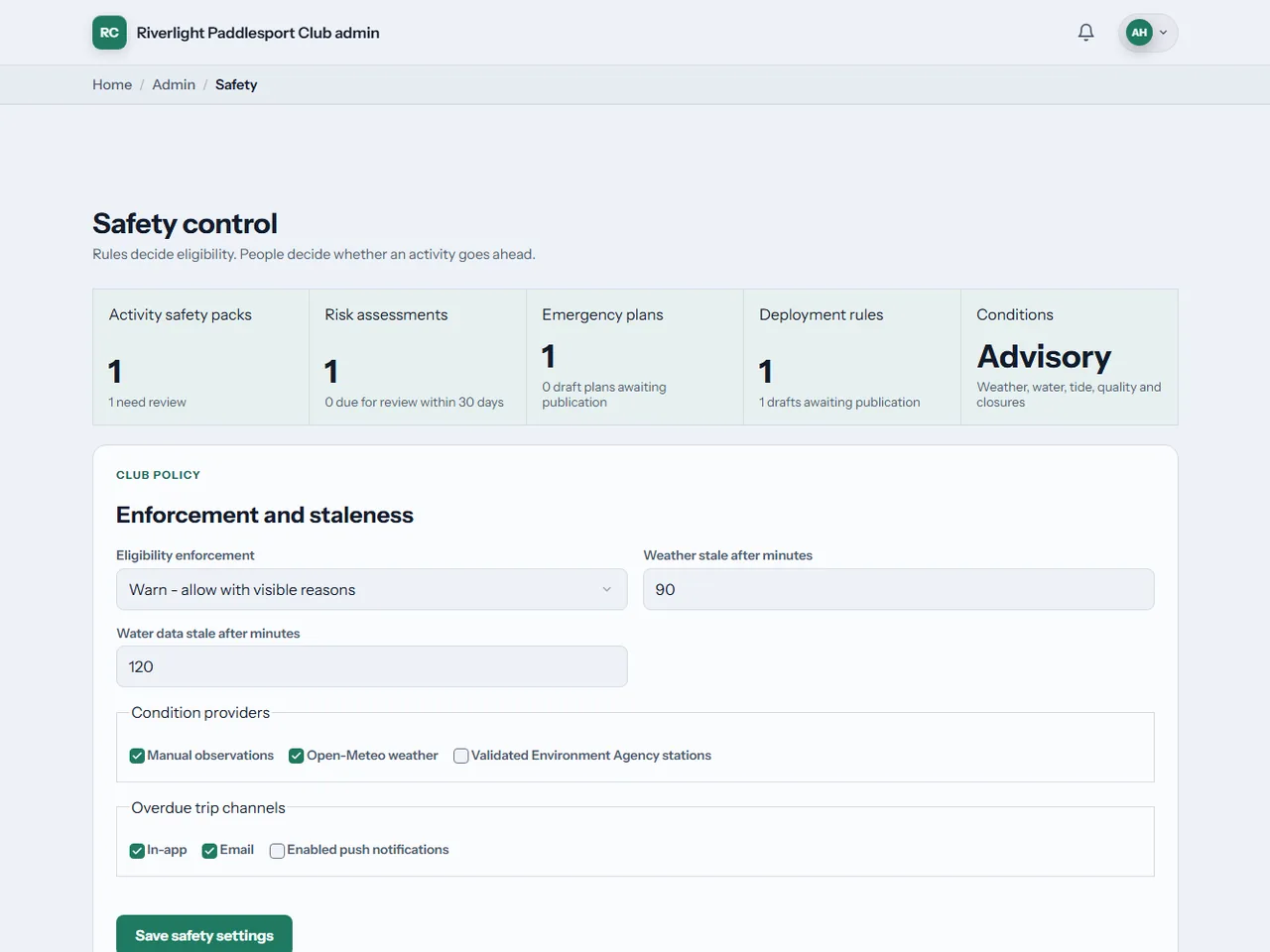 The KanuHQ safety control screen showing activity safety packs, risk assessments and current water conditions