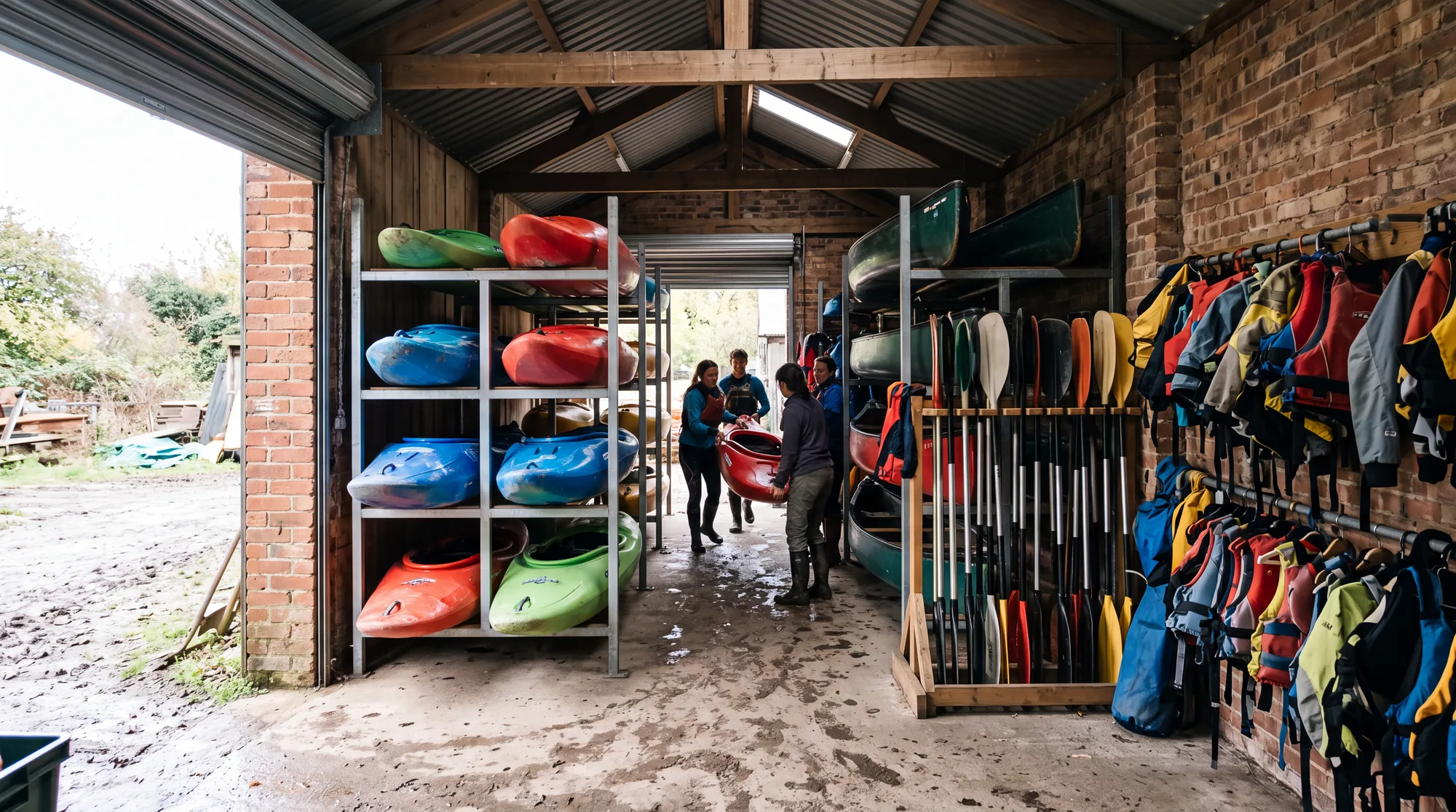 Kayaks and canoes stacked on racks in a club kit store with paddles and buoyancy aids
