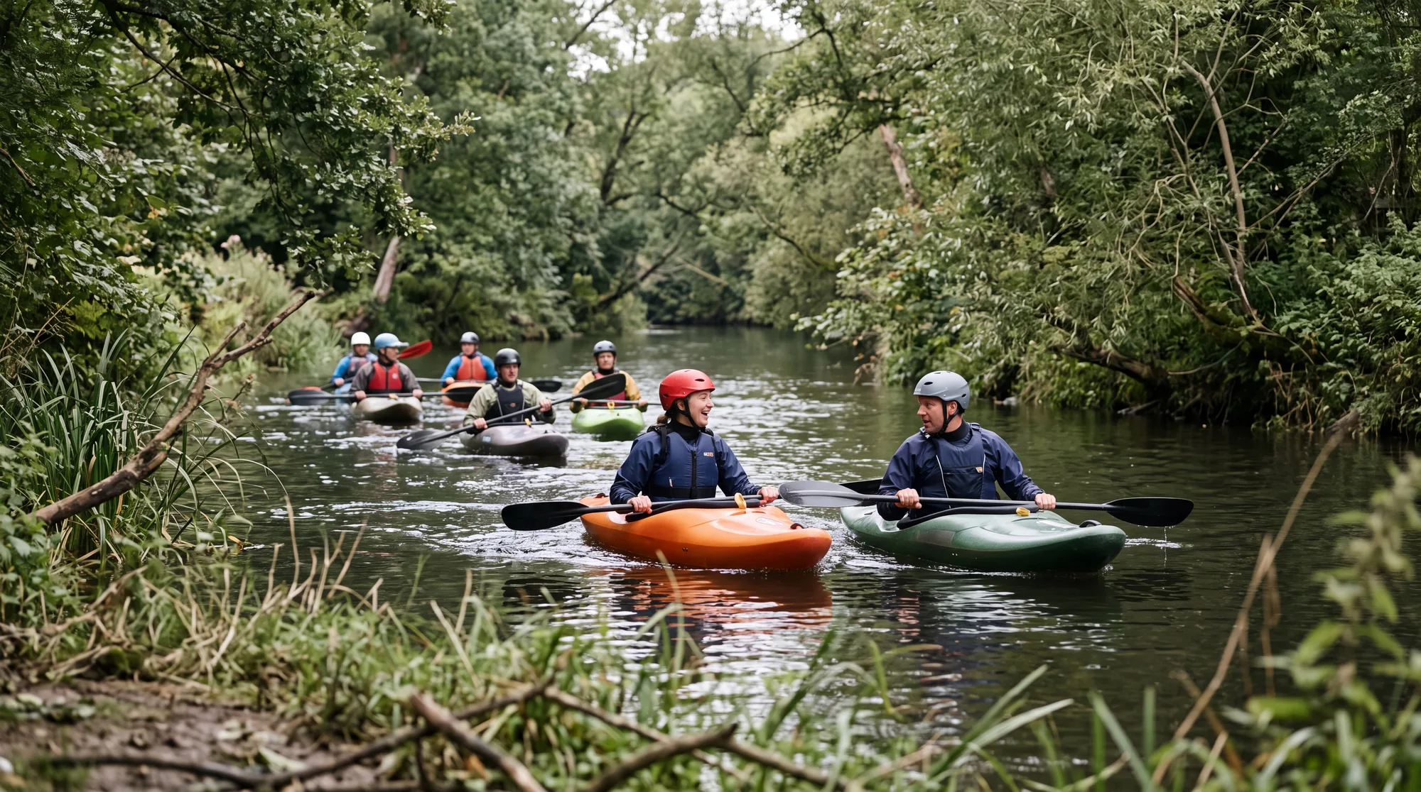 A group of club paddlers in kayaks moving together along a tree lined river