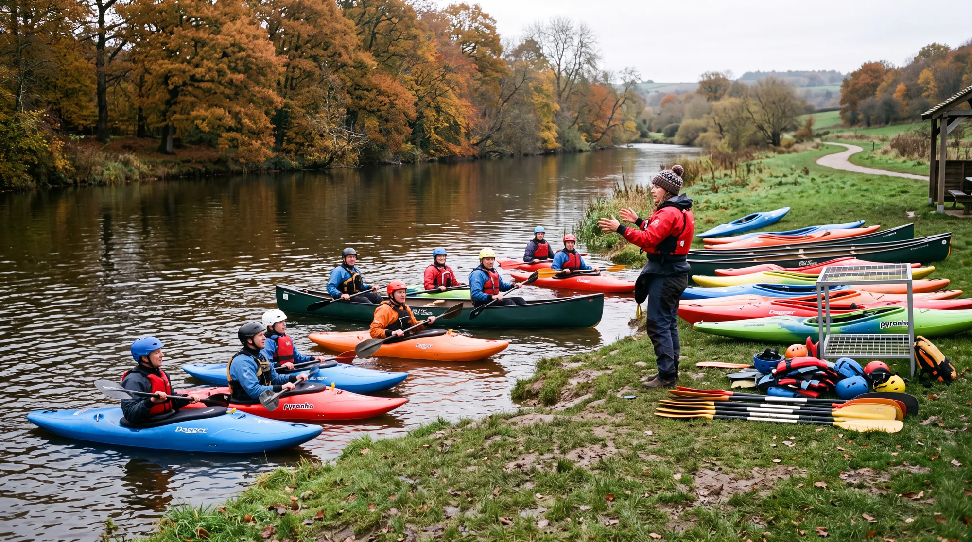 Canoe and kayak club paddlers setting off from a riverbank with a coach briefing the group