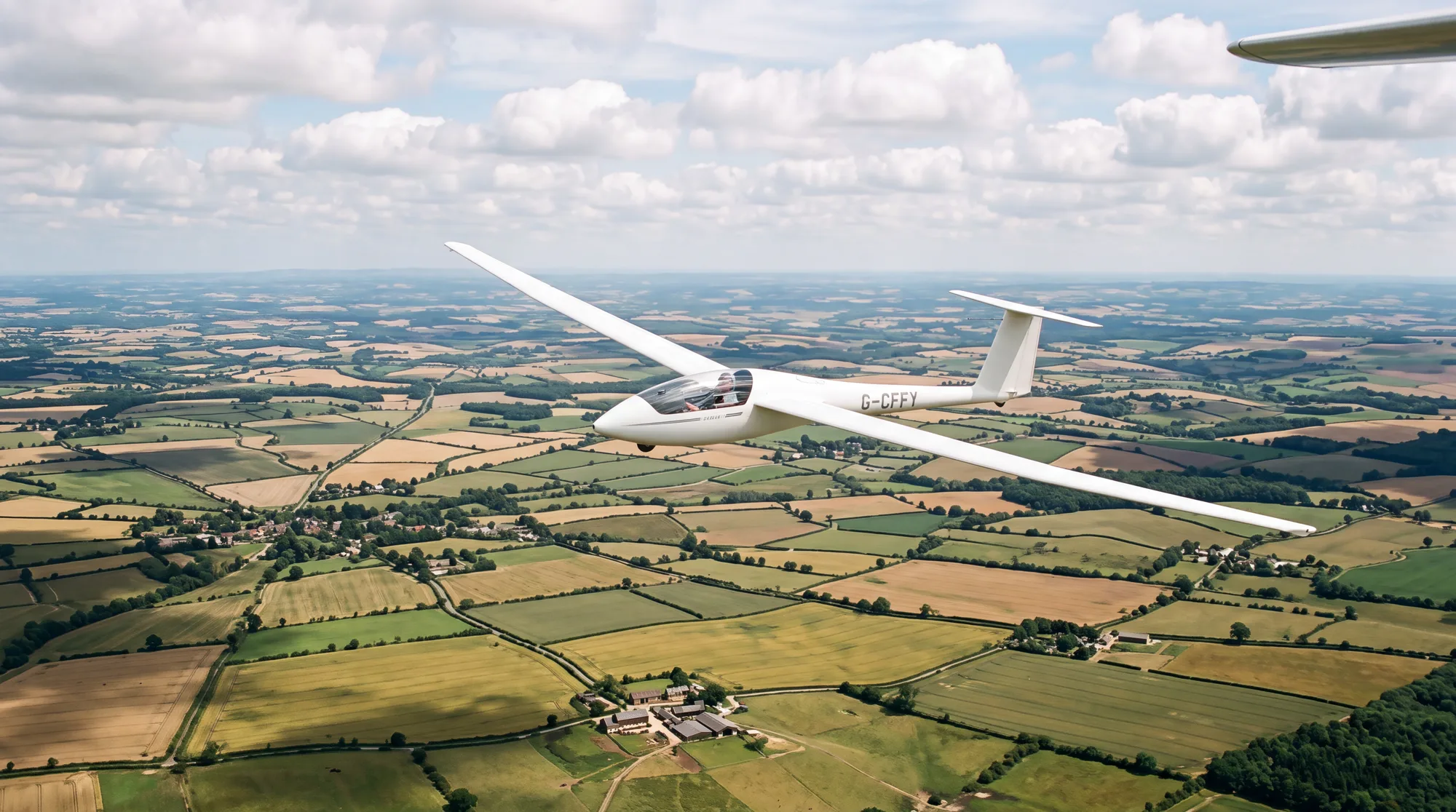 A glider soaring above patchwork farmland on a summer afternoon