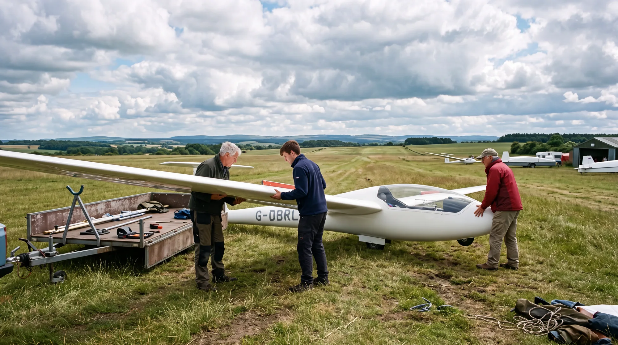 Club members rigging a glider on a grass airfield beside its trailer