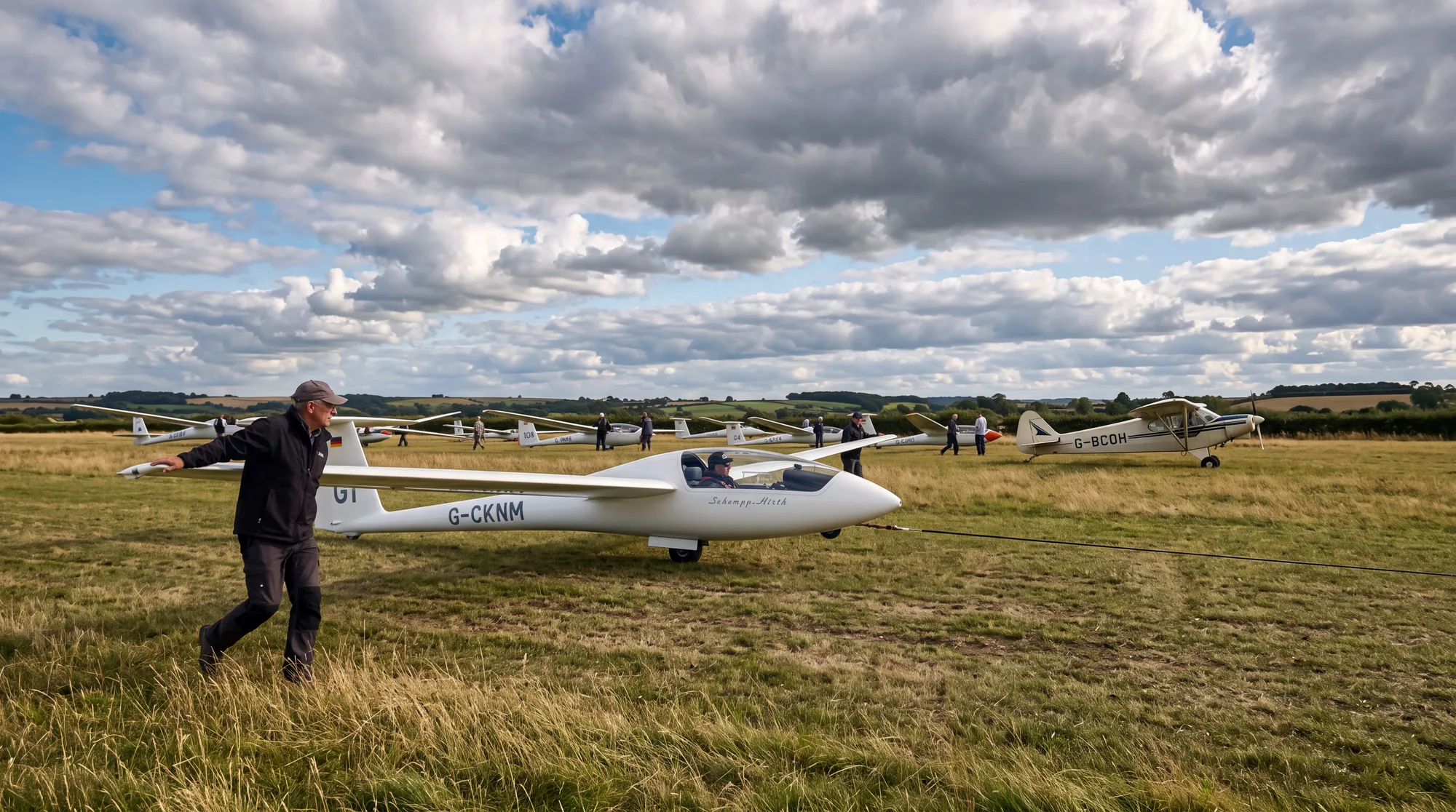A gliding club volunteer holding a glider wingtip level on the launch line