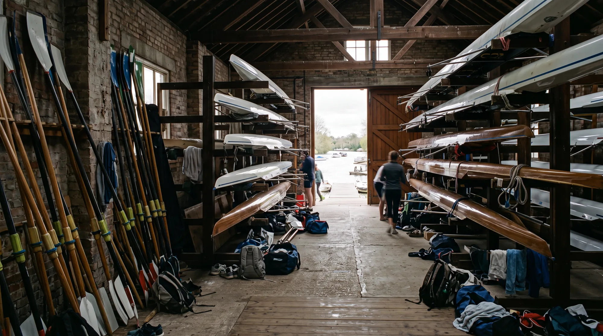 Racing shells stacked on wooden racks inside a club boathouse