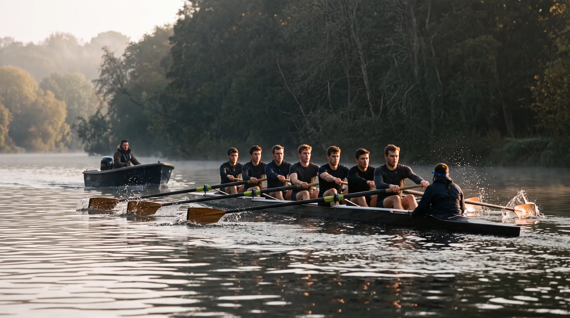 A rowing eight training at sunrise with a coach following in a launch