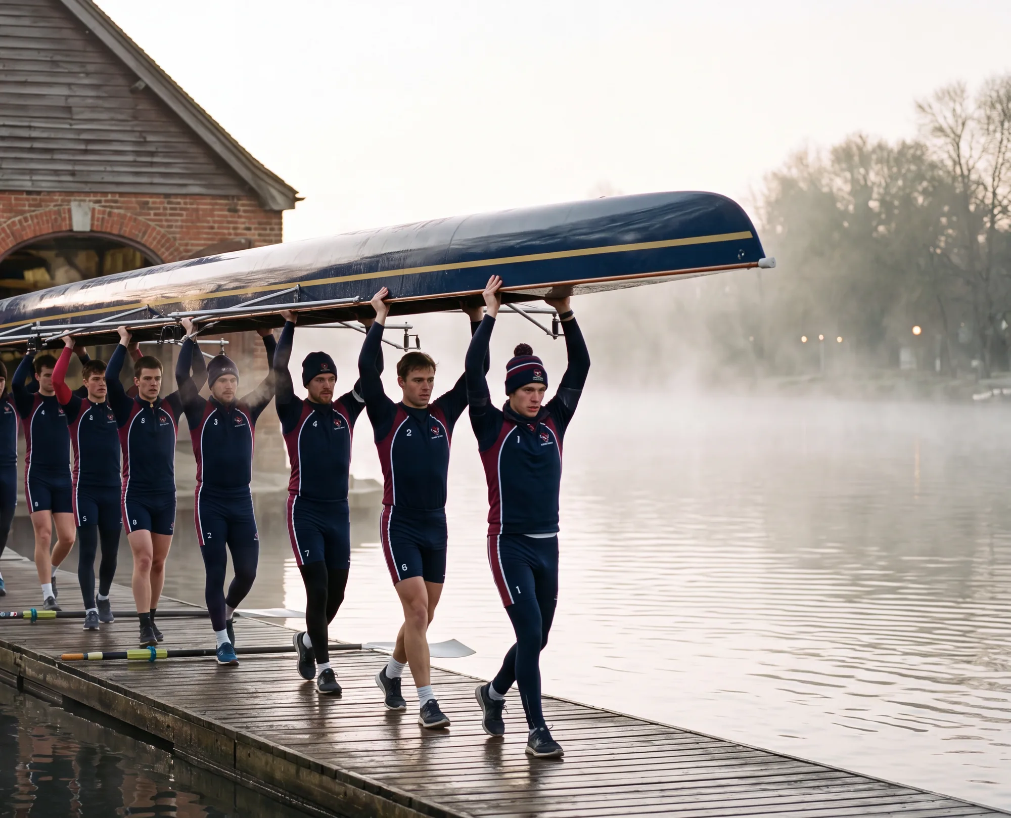 A rowing club crew carrying their boat down the pontoon on a misty morning