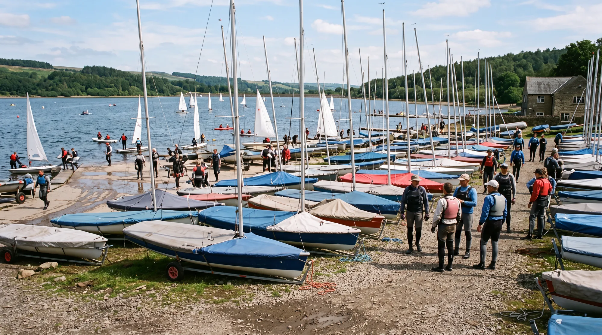 Sailing dinghies on launching trolleys in a club dinghy park beside a reservoir