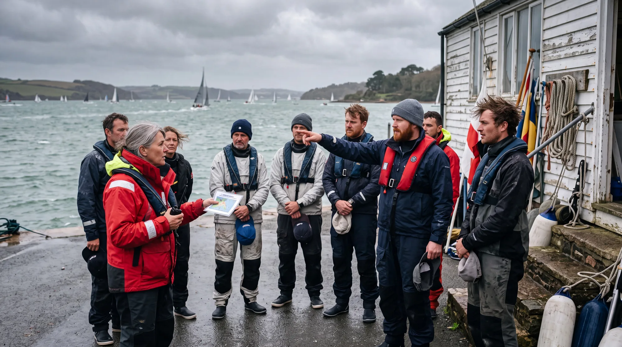 Sailors in buoyancy aids listening to a race officer give a briefing outside the clubhouse