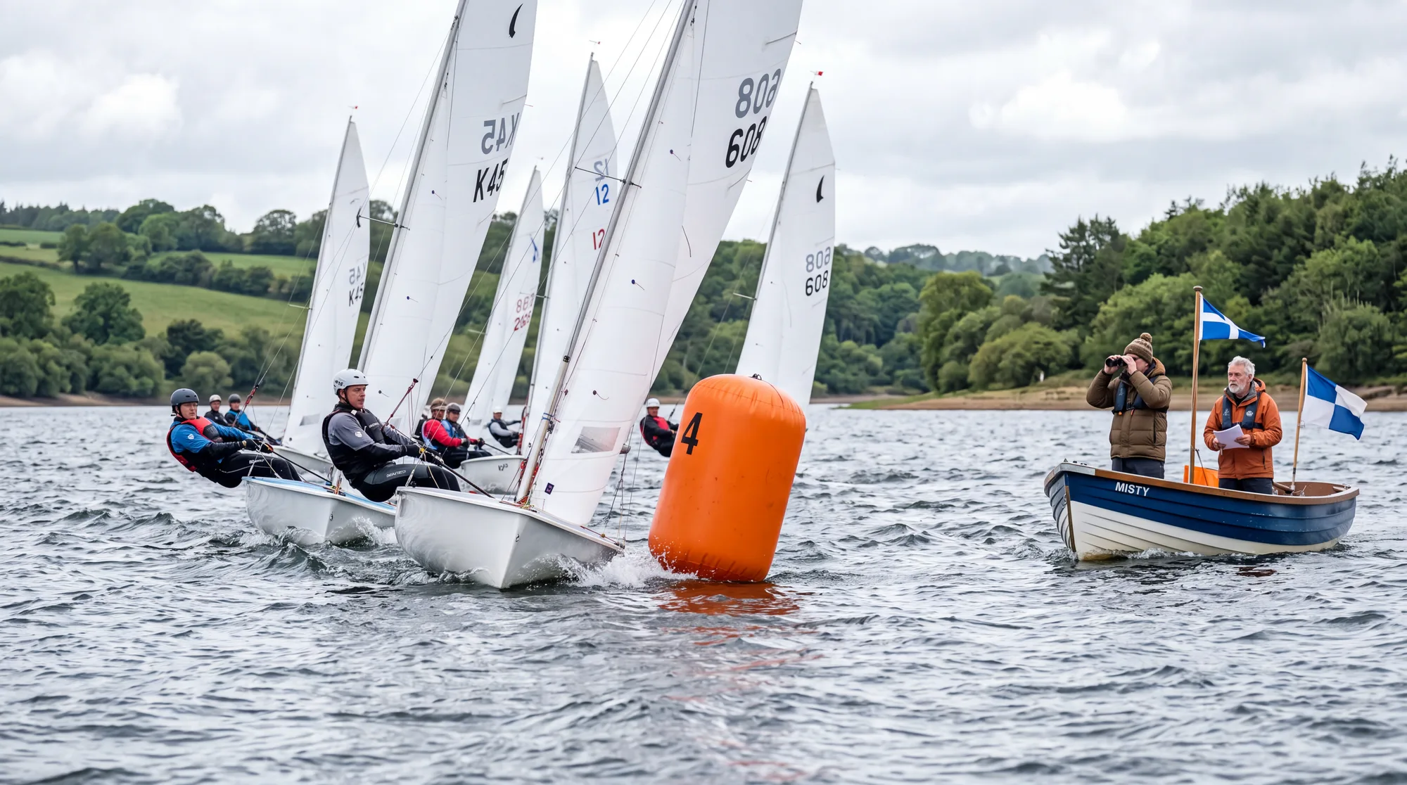 Sailing club dinghies rounding a race mark while volunteers watch from the committee boat